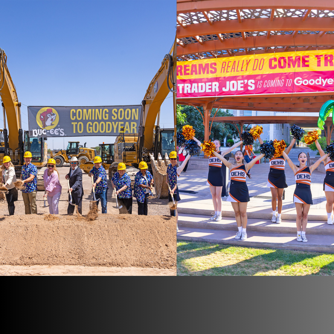 trader joe's announcement, people cheering and bucc-ee's groundbreaking people standing by sign holding shovels